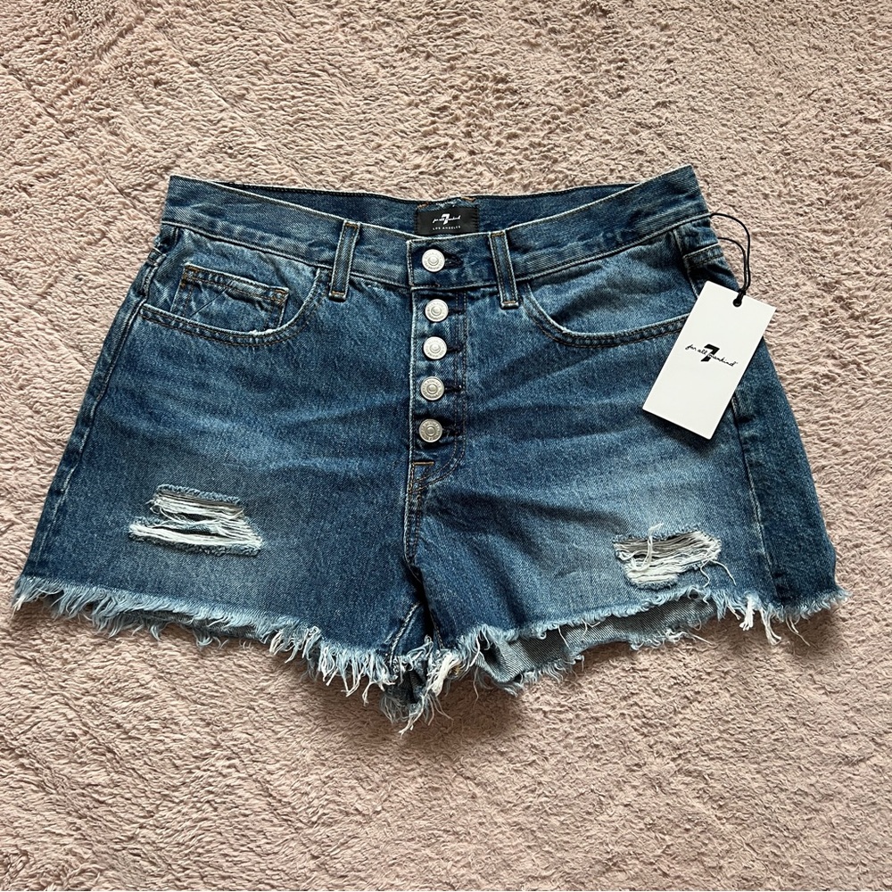 NWT 7 for All Mankind Monroe Cut Off Shorts Distressed Biker Moto Jorts Sz 28